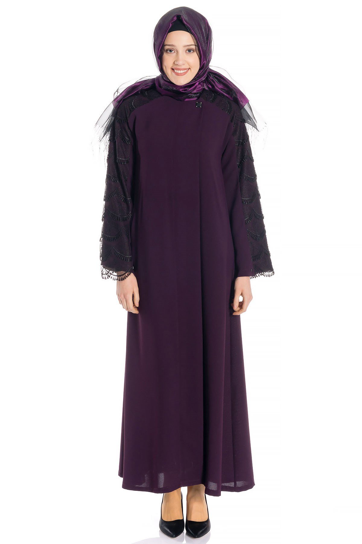 Beyza-عباءة أرجوانية بدانتيل وسحّاب مخفي