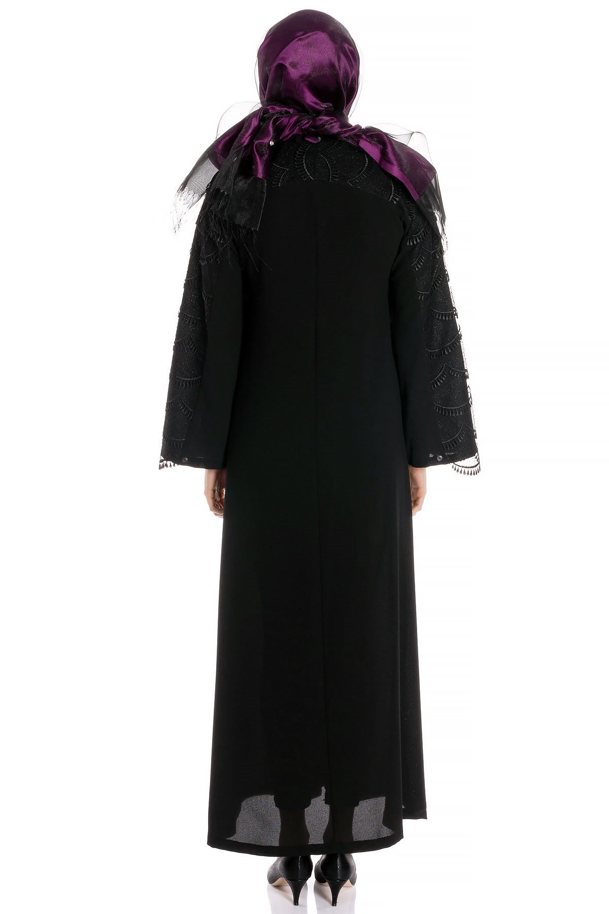 Beyza-عباءة سوداء بدانتيل وسحّاب مخفي