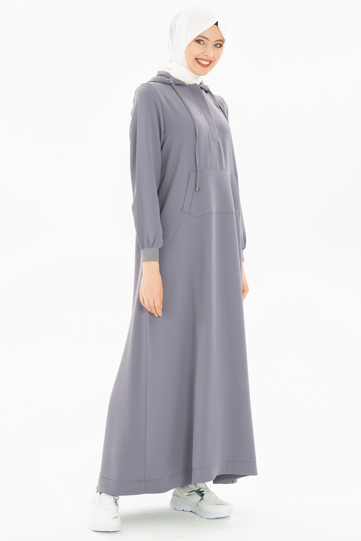 Beyza-Kapüşonlu Gri Spor Tesettür Elbise 5219