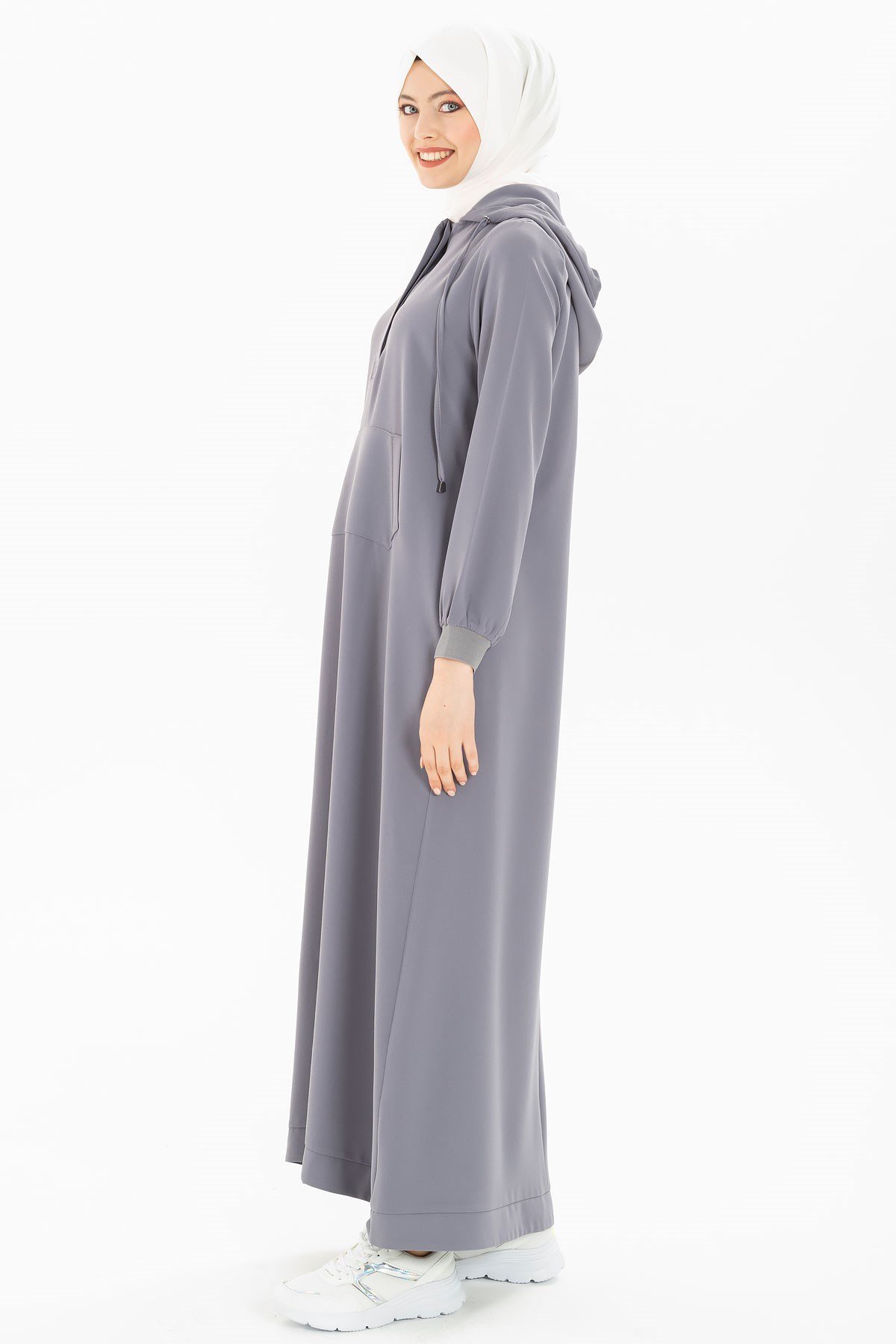 Beyza-Kapüşonlu Gri Spor Tesettür Elbise 5219