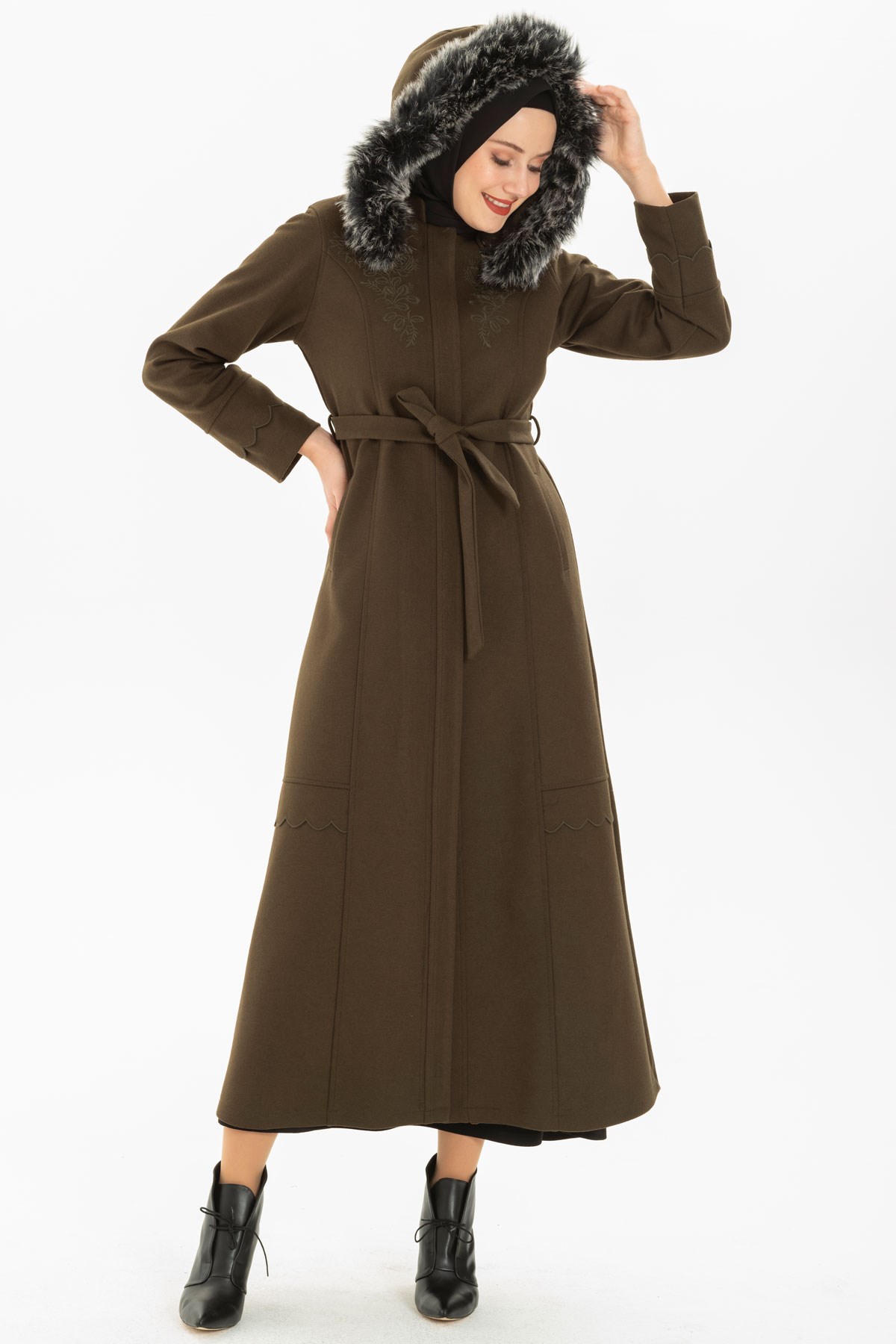 Beyza-Ornament Detailed Khaki Coat with Furred Collar 3M3162