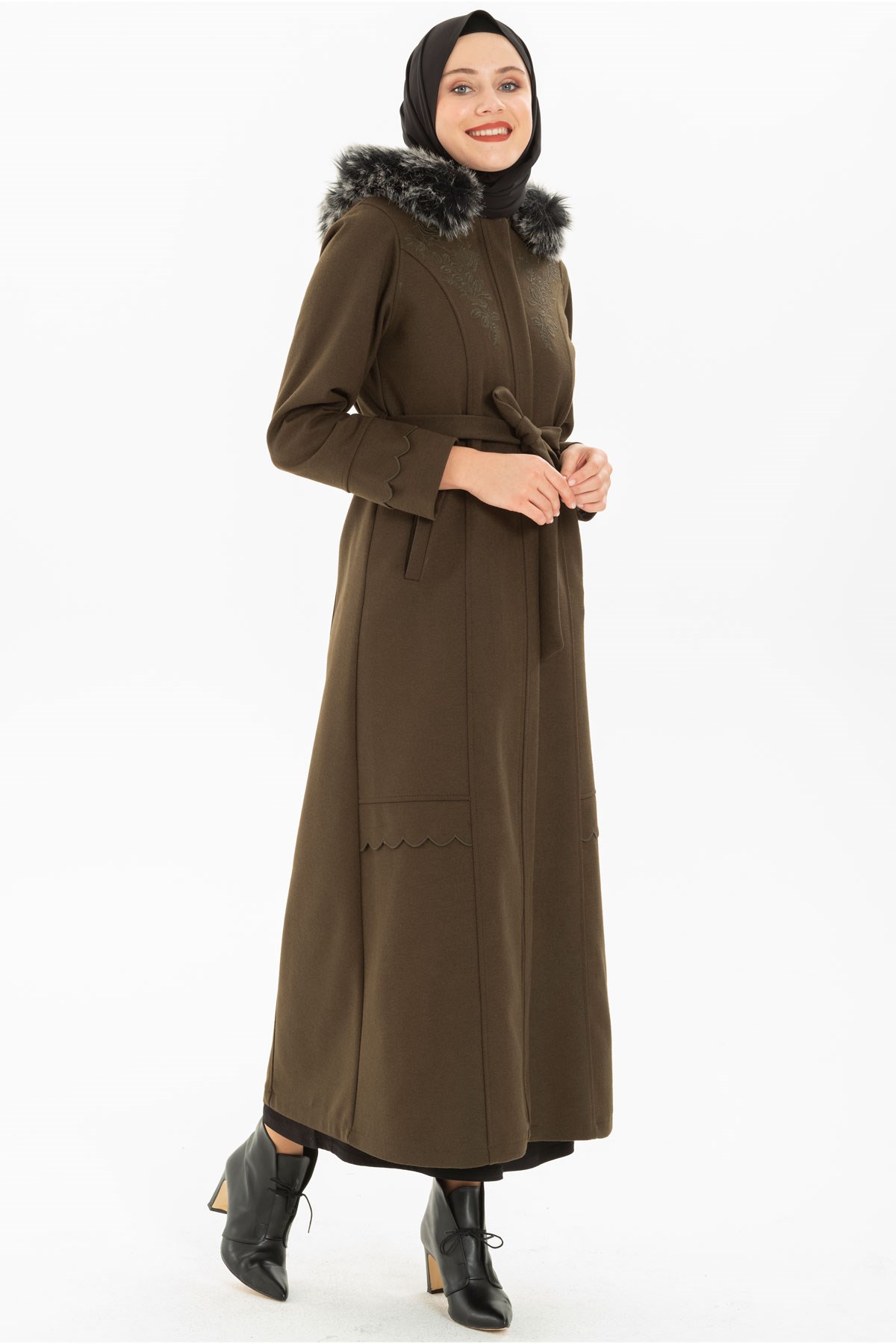 Beyza-Ornament Detailed Khaki Coat with Furred Collar 3M3162