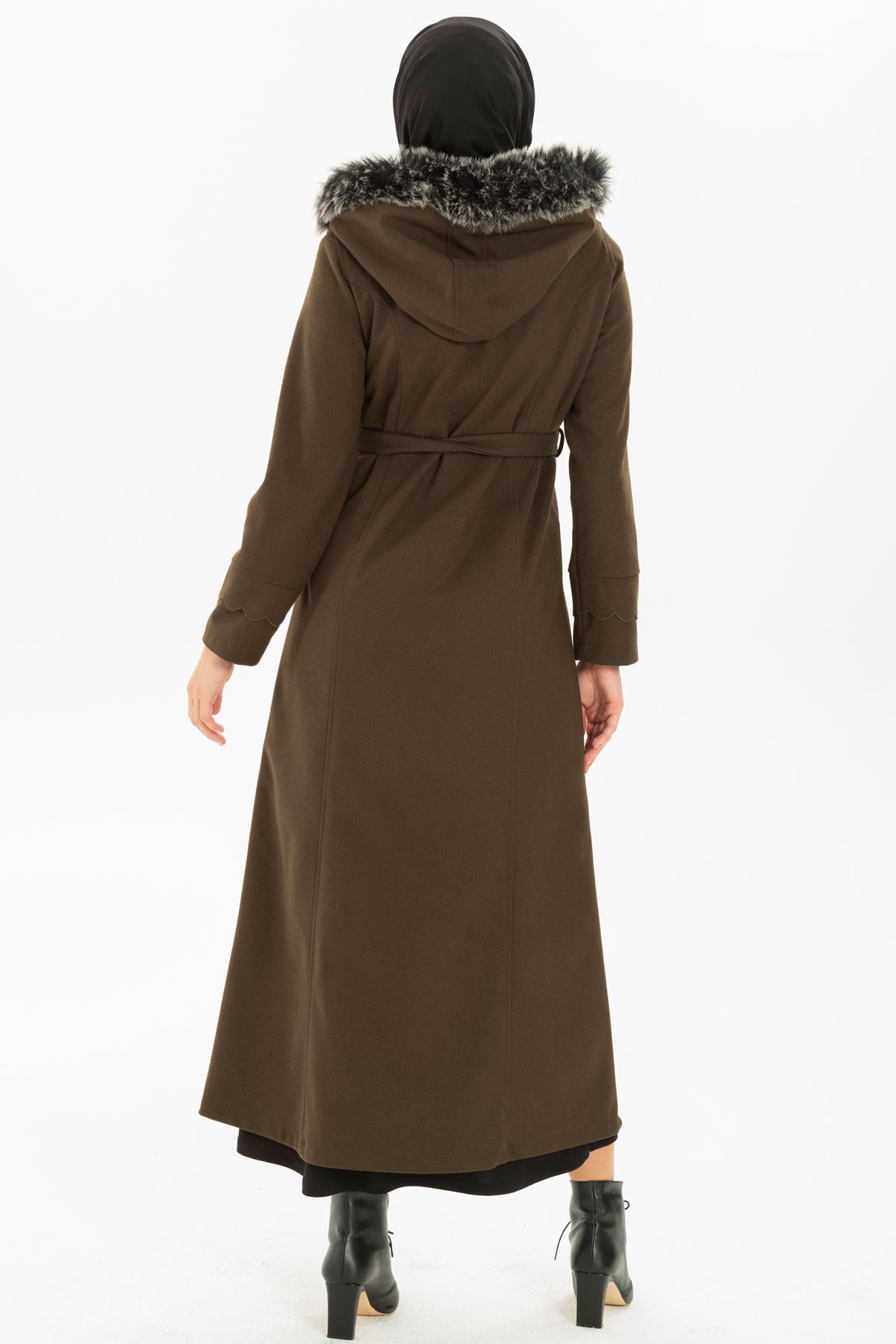 Beyza-Ornament Detailed Khaki Coat with Furred Collar 3M3162