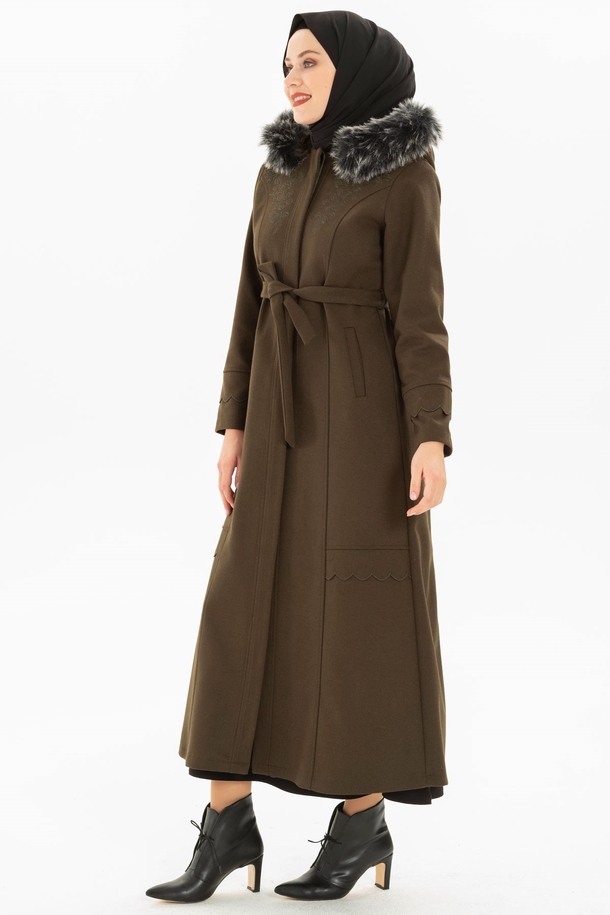 Beyza-Ornament Detailed Khaki Coat with Furred Collar 3M3162