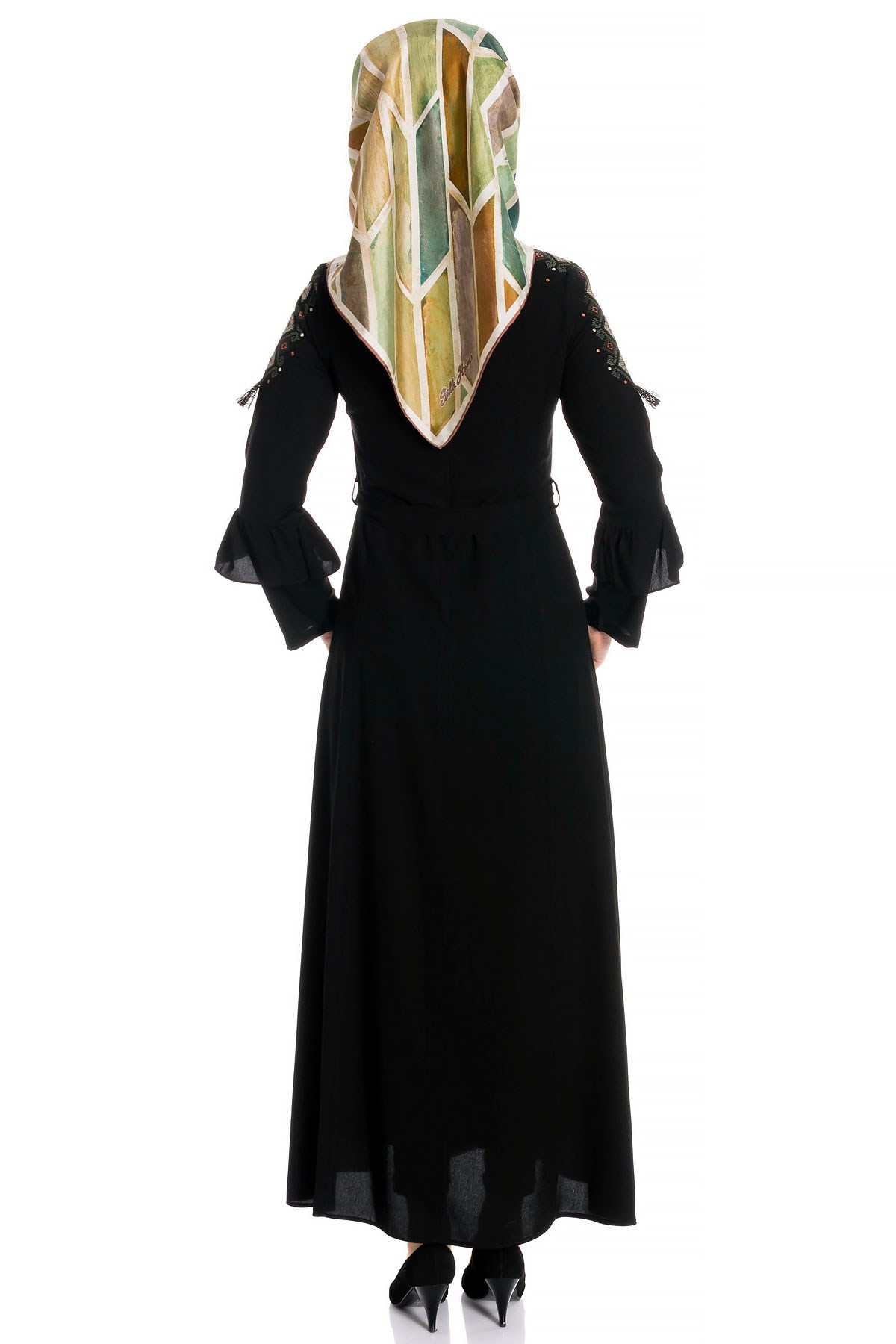 Beyza-Ornamented Flounce Sleeved Black Modest Dress