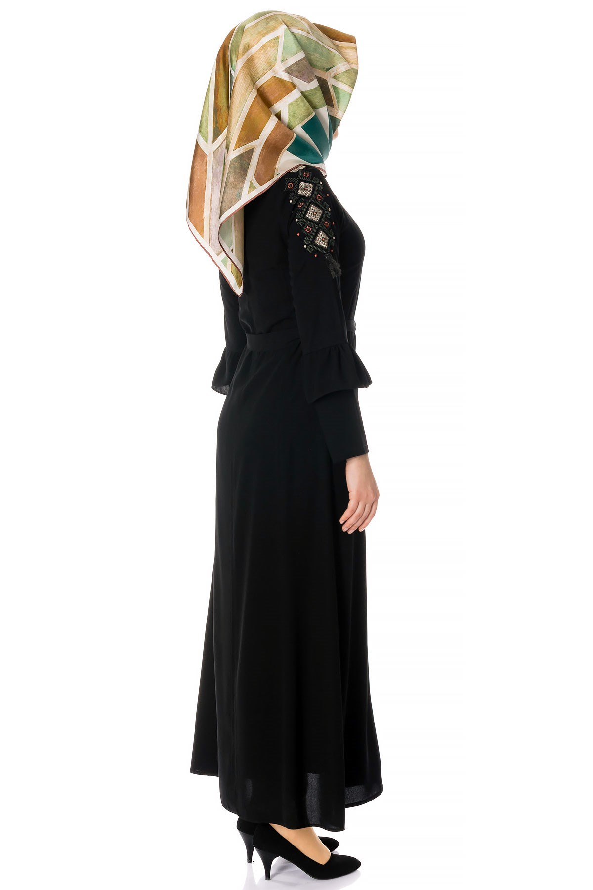 Beyza-Ornamented Flounce Sleeved Black Modest Dress