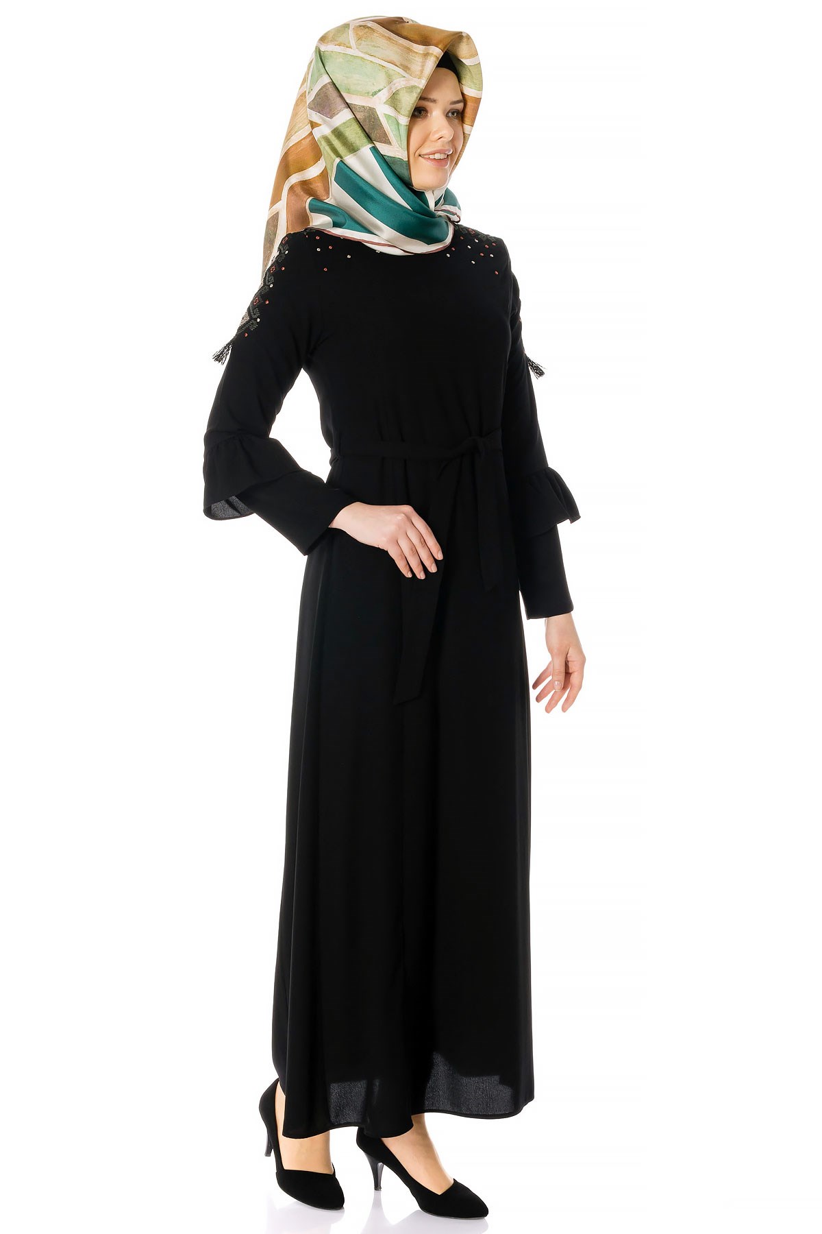 Beyza-Ornamented Flounce Sleeved Black Modest Dress