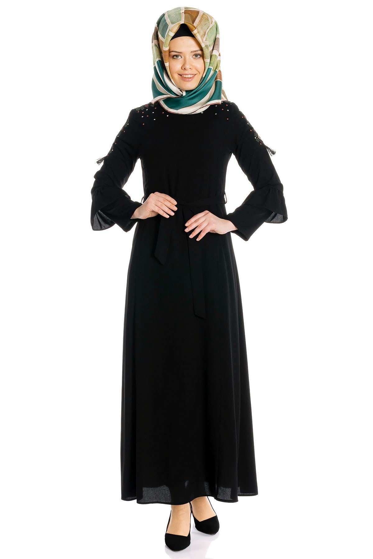 Beyza-Ornamented Flounce Sleeved Black Modest Dress