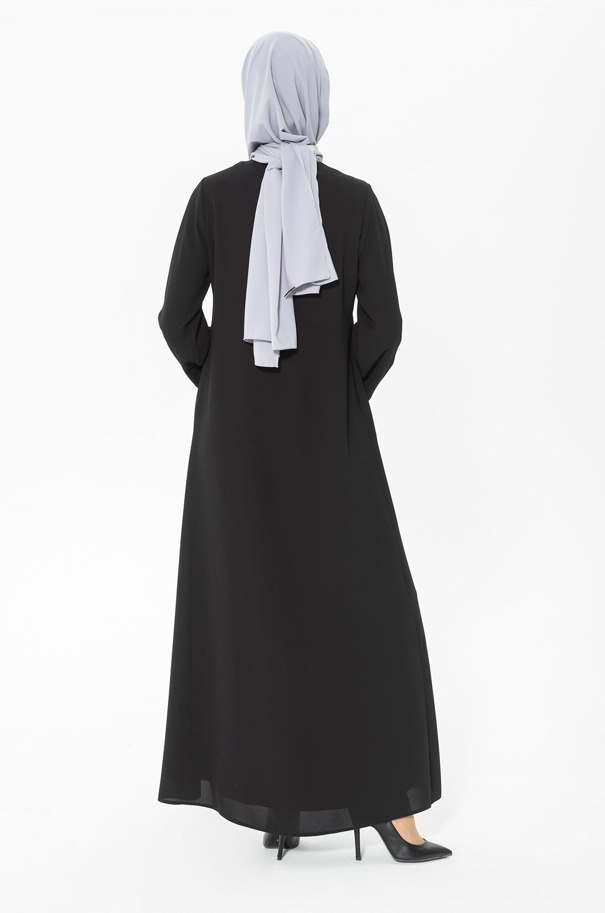 Beyza-عبائة أسود مضلعة ذات تفاصيل أحجار 3302