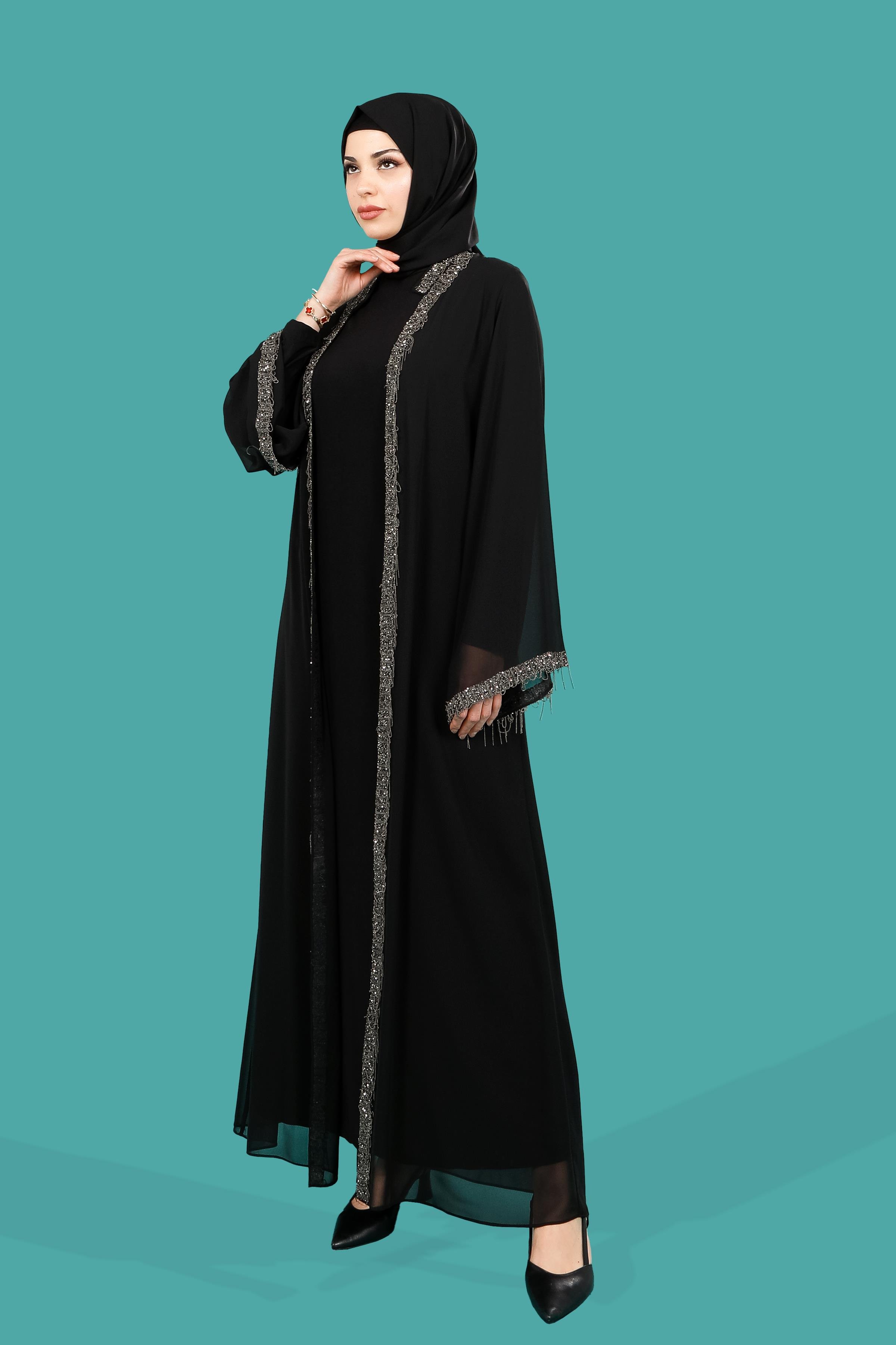 Beyza-ŞAKİRA TAŞLI ABAYA SİYAH ŞİFON