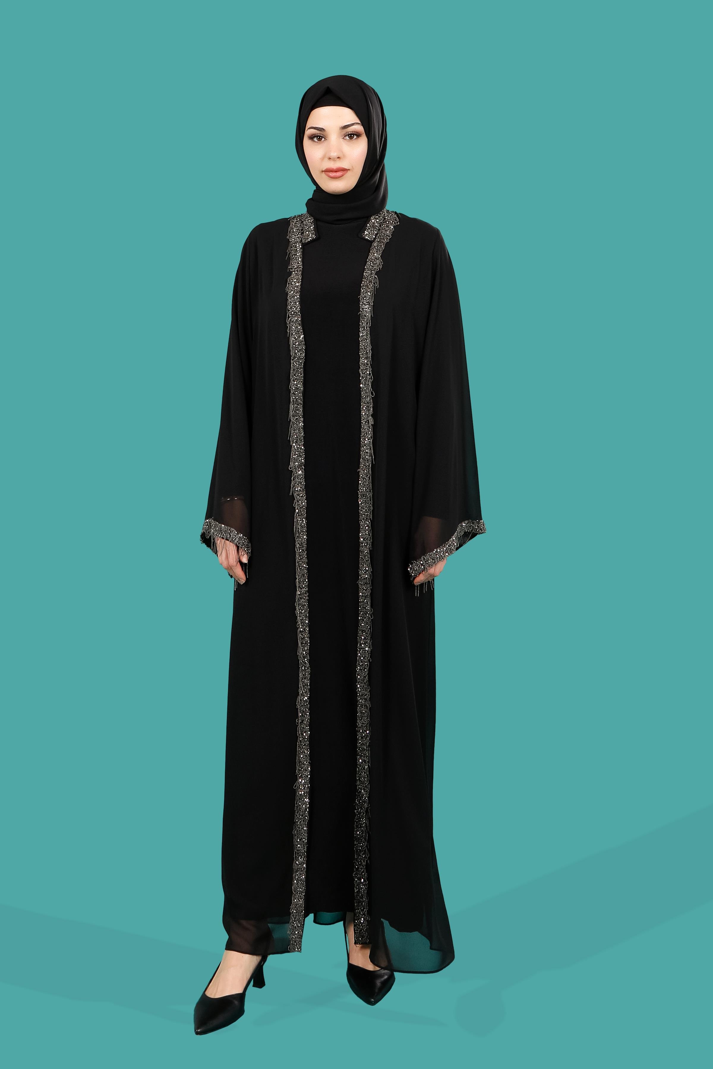 Beyza-ŞAKİRA TAŞLI ABAYA SİYAH ŞİFON