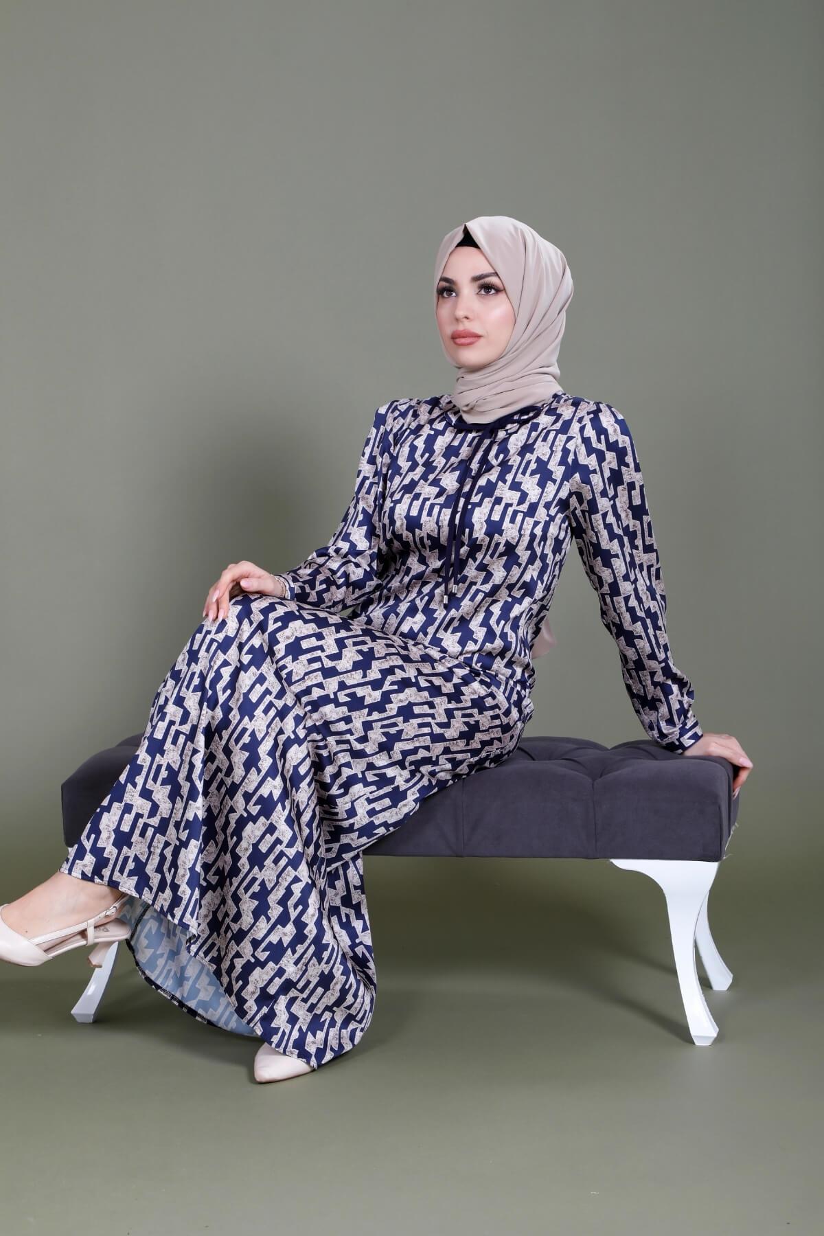 SheFA-5626 ELBİSE KARELİ LACİVERT