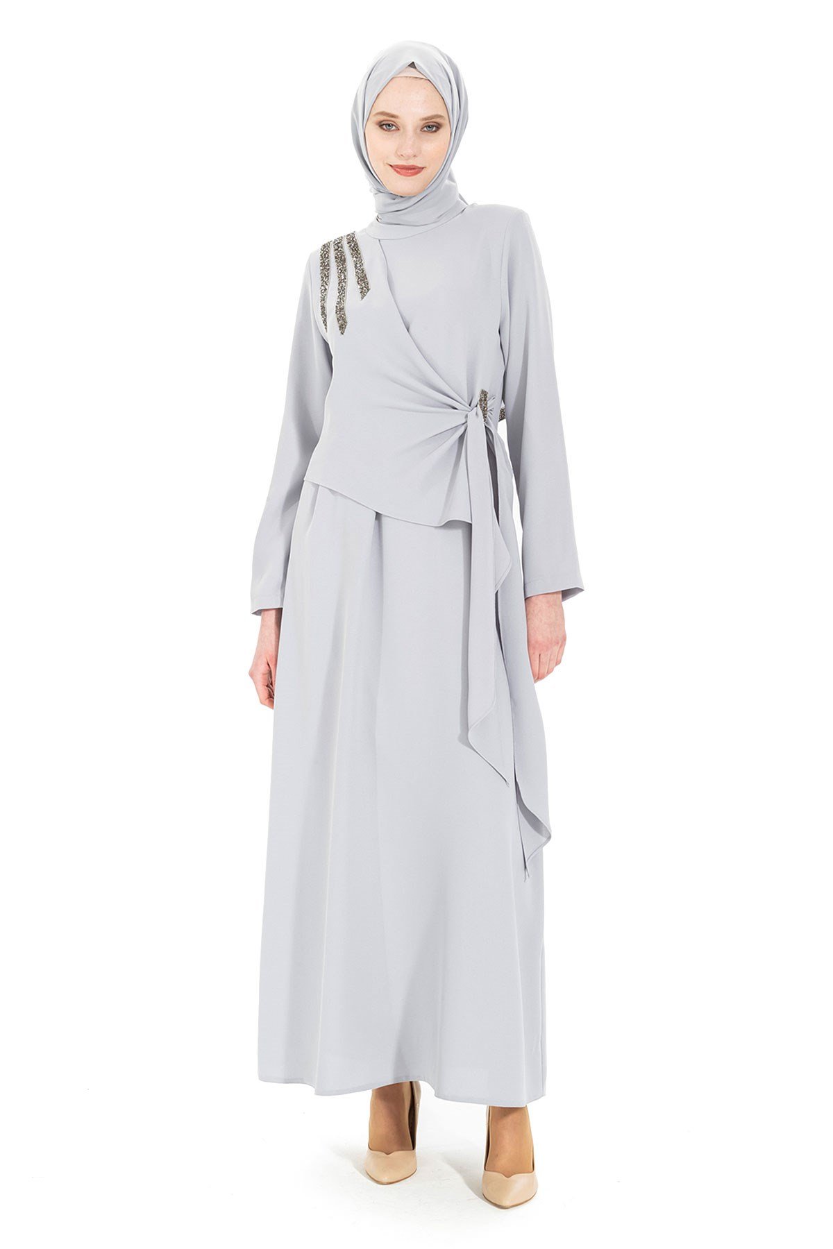 Beyza-SONAY TAŞLI ELBİSE GRİ KUM KREP