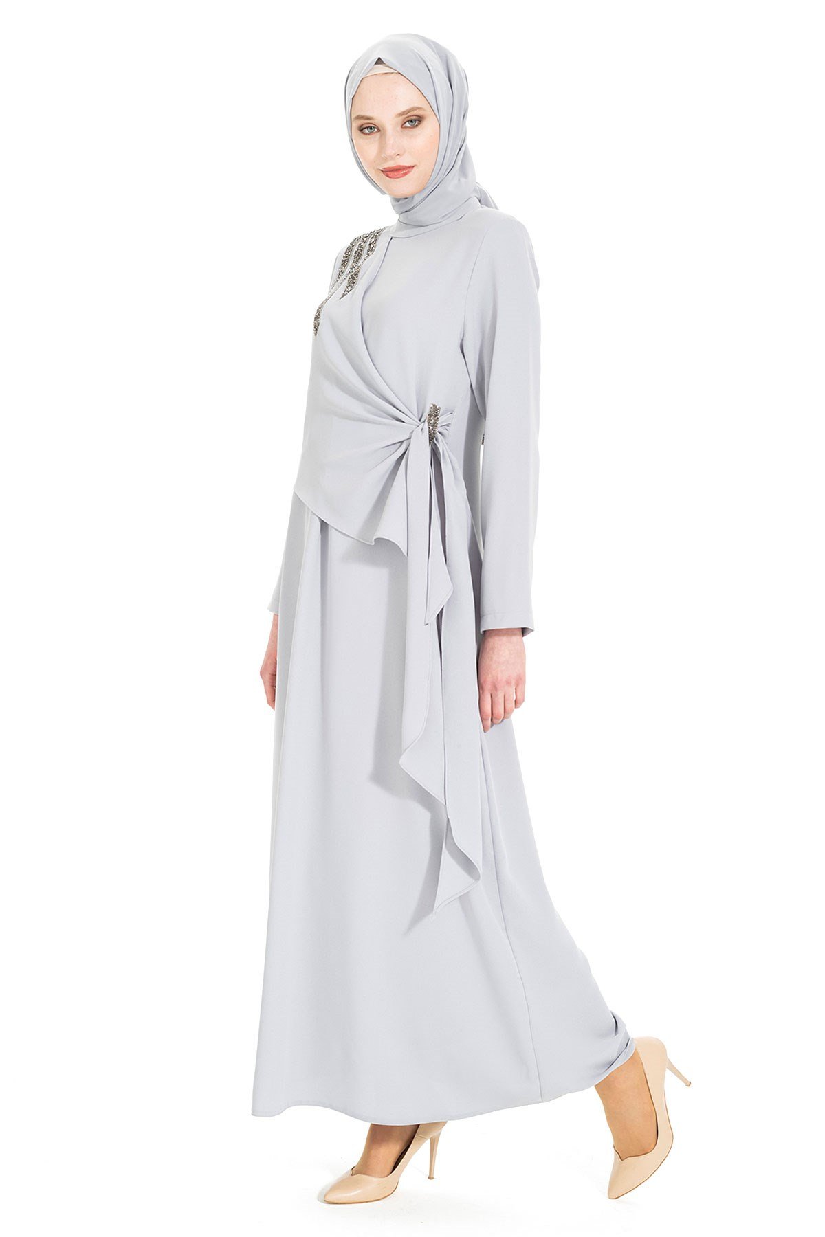 Beyza-SONAY TAŞLI ELBİSE GRİ KUM KREP