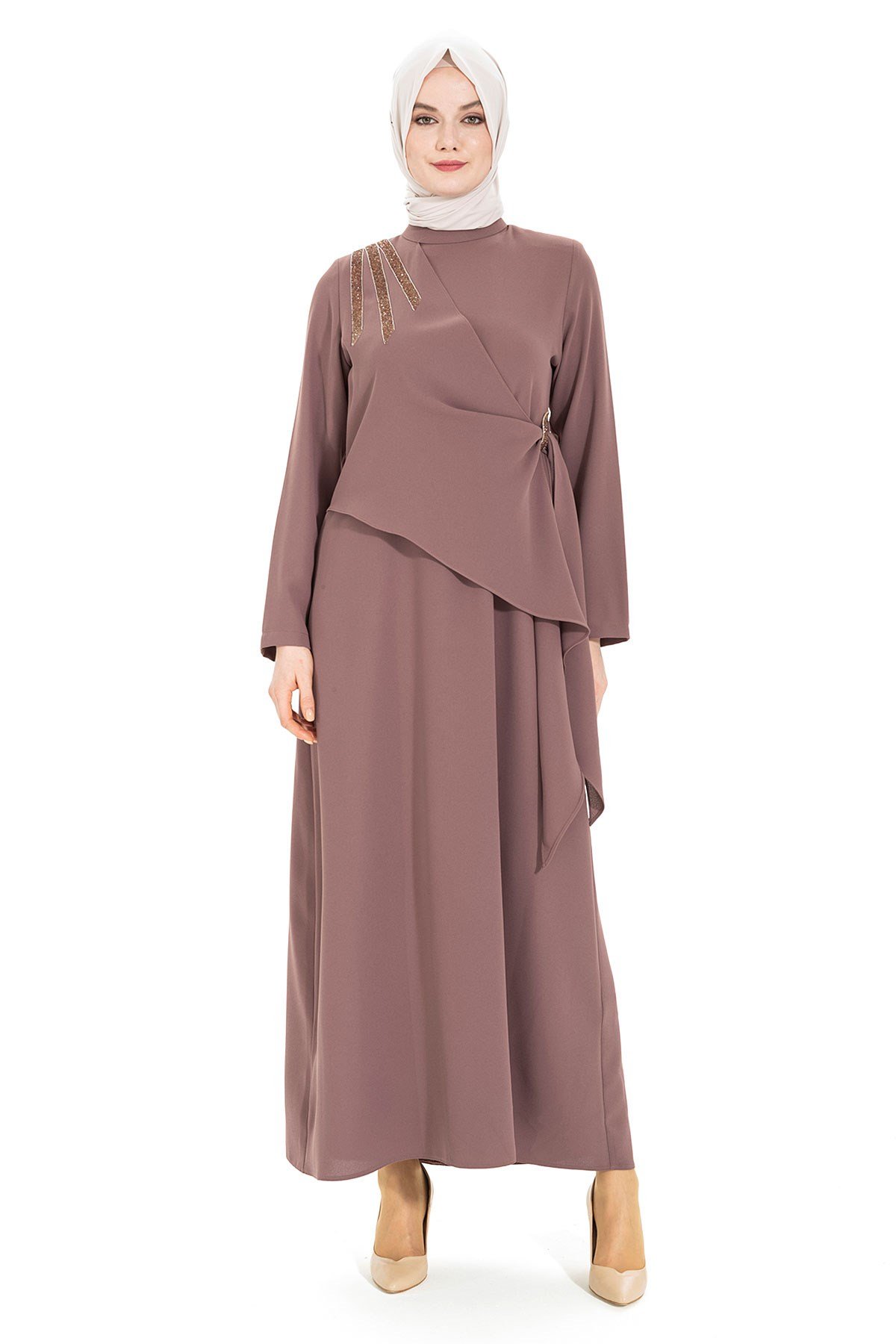 Beyza-SONAY TAŞLI ELBİSE KAHVE KUM KREP