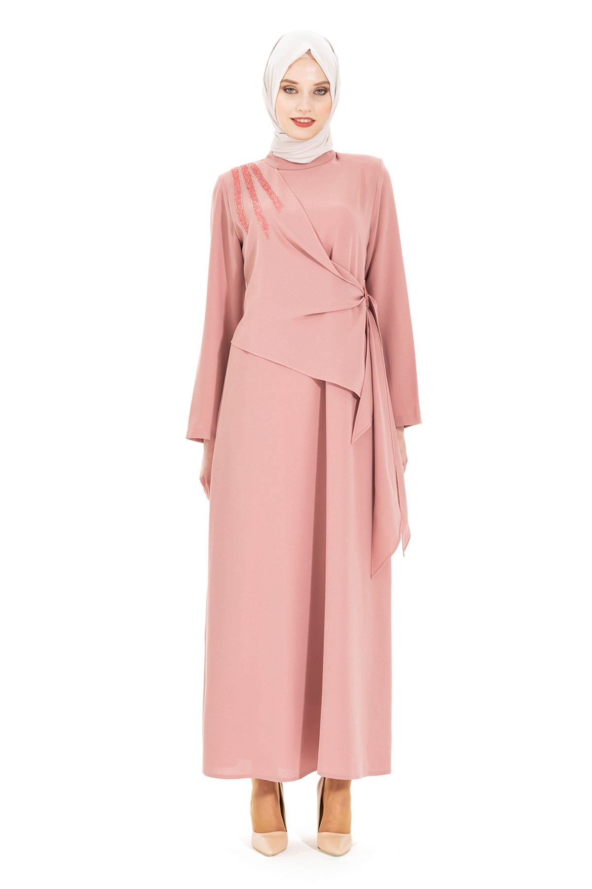 Beyza-SONAY TAŞLI ELBİSE PUDRA KUM KREP