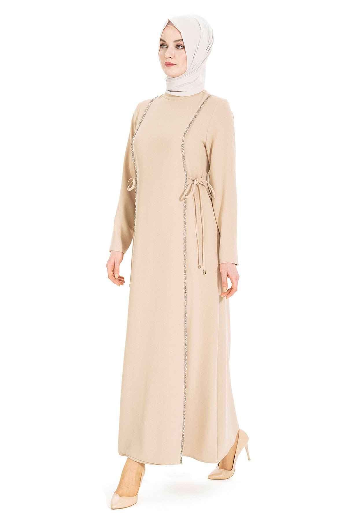 Beyza-AYDAN TAŞLI ELBİSE BEJ KUM KREP