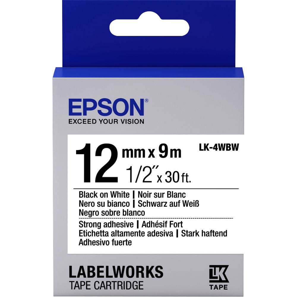 Barkod Etiket ve Kartuşları Epson LK-4WBVN  Vinil Beyaz Üzeri Siyah 12mm 7Metre Etiket Satın Al