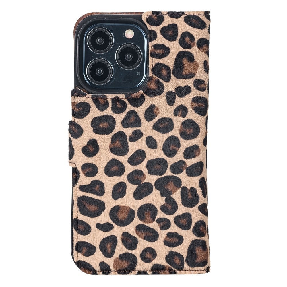 Cep Telefonu Aksesuarları Apple iPhone 13 Pro Uyumlu Deri Cüzdanlı Kılıf Leopar Desen Satın Al