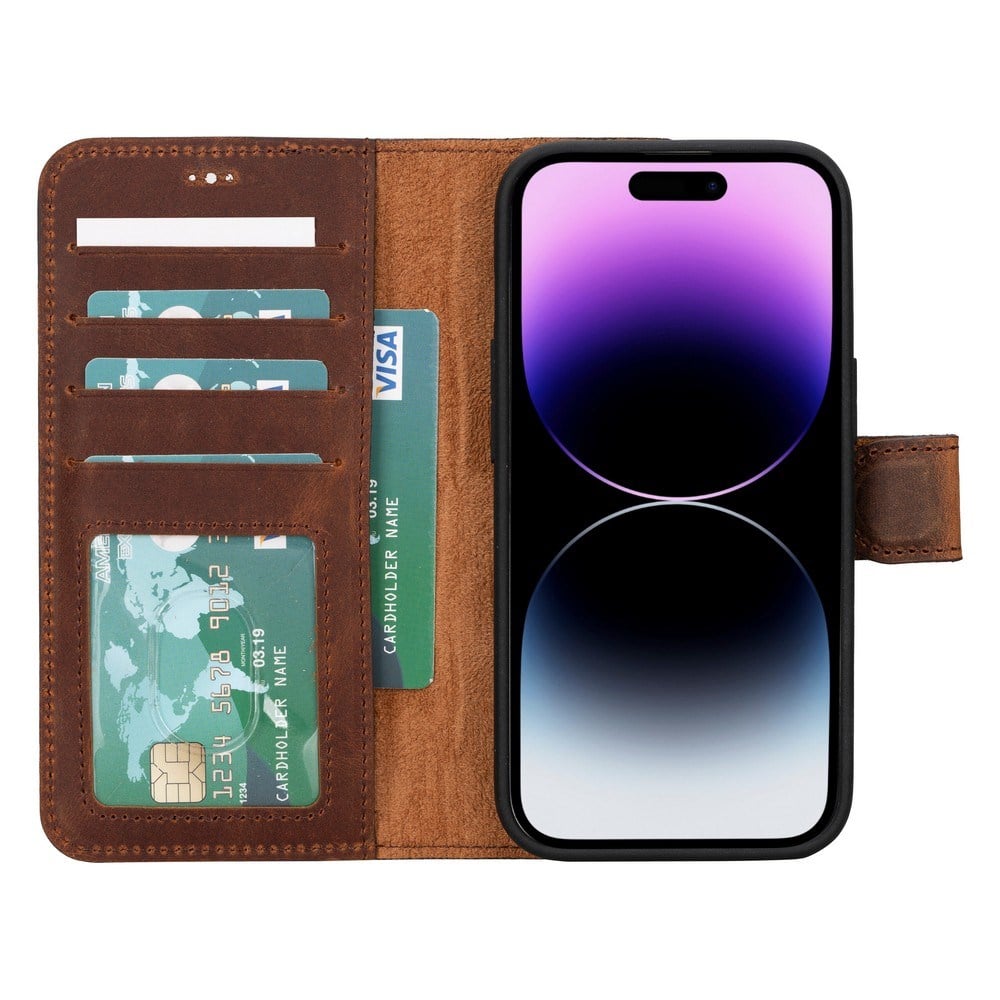 Cep Telefonu Aksesuarları Apple iPhone 15 Uyumlu Deri Cüzdanlı Kılıf MWWN G2 Kahve Satın Al