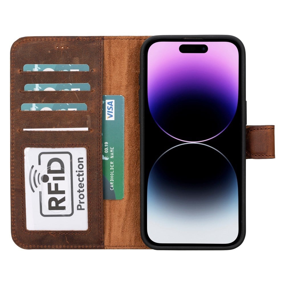 Cep Telefonu Aksesuarları Apple iPhone 15 Pro Max Uyumlu Deri Cüzdanlı Kılıf MWWN G2 Kahve Satın Al