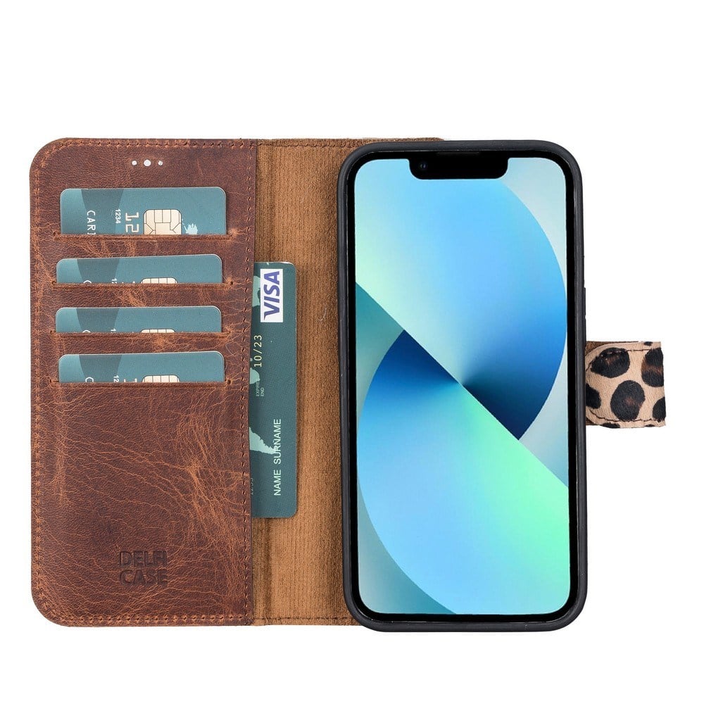 Cep Telefonu Aksesuarları Apple iPhone 13 Pro Uyumlu Deri Cüzdanlı Kılıf Leopar Desen Satın Al