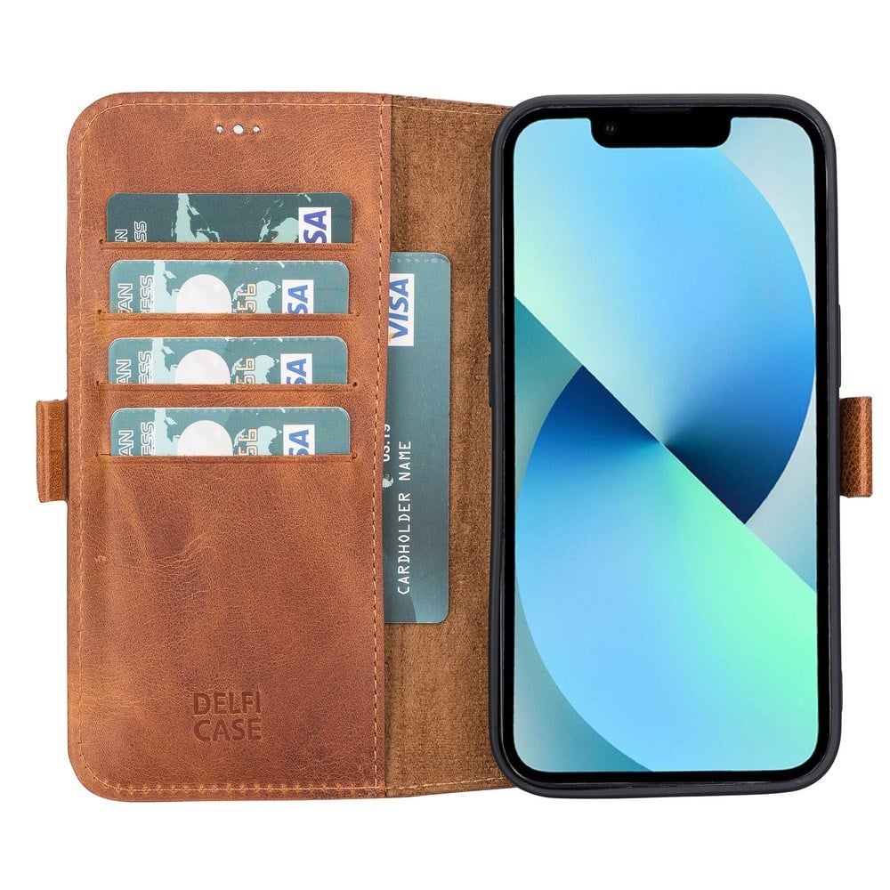 Cep Telefonu Aksesuarları Apple iPhone 13 Uyumlu Deri Cüzdanlı Kılıf Karamel Satın Al