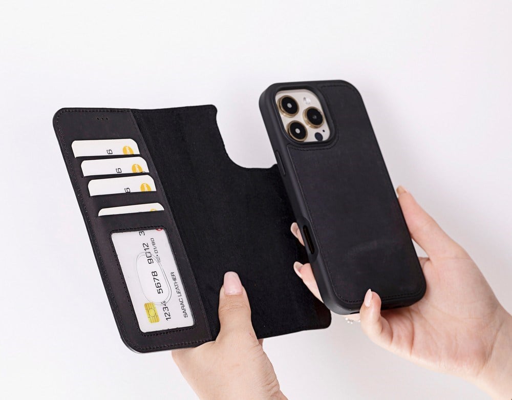 Cep Telefonu Aksesuarları Apple iPhone 16 Pro uyumlu, Hakiki Deri, El Yapımı, Cüzdanlı Kılıf, Mat Siyah Satın Al