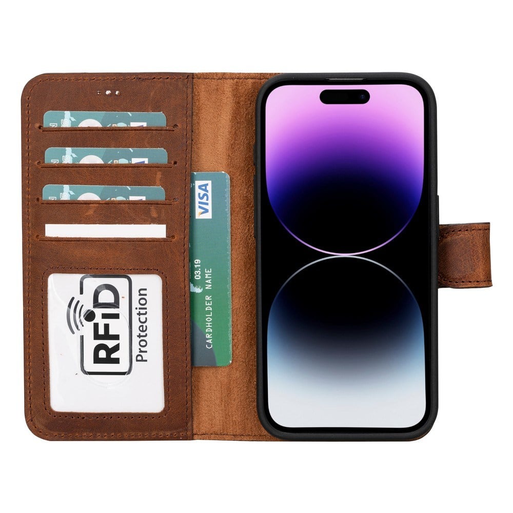 Cep Telefonu Aksesuarları Apple iPhone 15 Pro Uyumlu Deri Cüzdanlı Kılıf MWWN G2 Kahve Satın Al