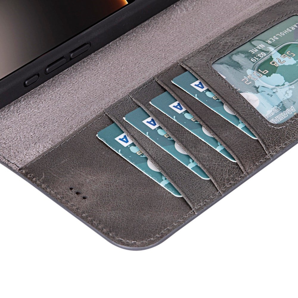 Cep Telefonu Aksesuarları Apple iPhone 16 Pro uyumlu, Hakiki Deri, El Yapımı, Cüzdanlı Kılıf, Gölgeli Gri Satın Al