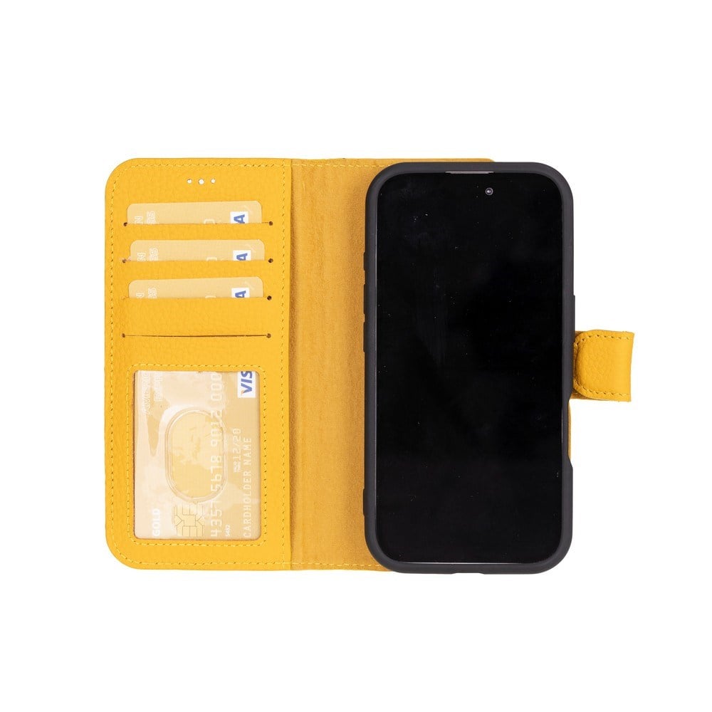 Cep Telefonu Aksesuarları Apple iPhone 16 uyumlu, Hakiki Deri, El Yapımı, Cüzdanlı Kılıf, Limon Sarı Satın Al
