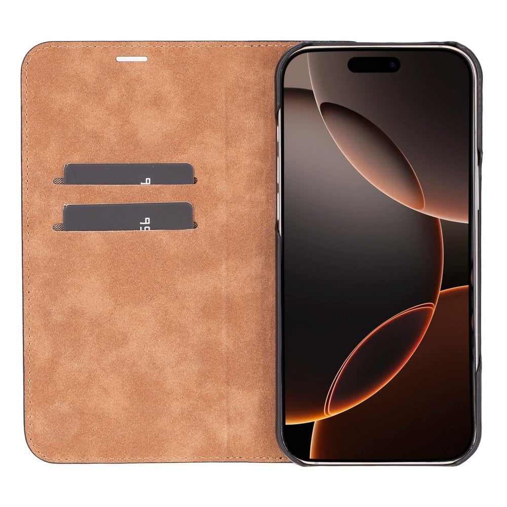 Cep Telefonu Aksesuarları Apple iPhone 16 Pro Max uyumlu, Hakiki Deri, El Yapımı, Cüzdanlı Kılıf, Parlak Siyah Satın Al