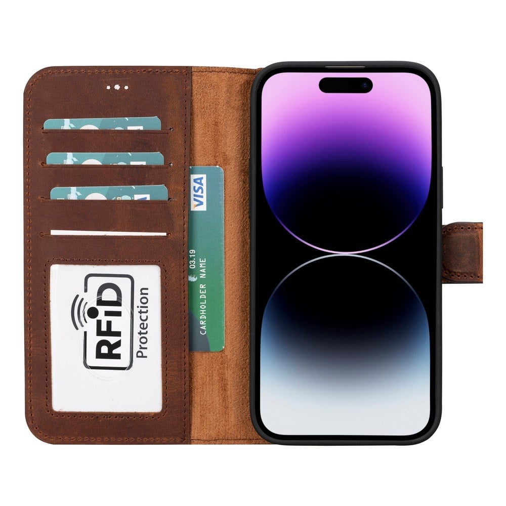 Cep Telefonu Aksesuarları Apple iPhone 15 Plus Uyumlu Deri Cüzdanlı Kılıf MWWN G2 Kahve Satın Al