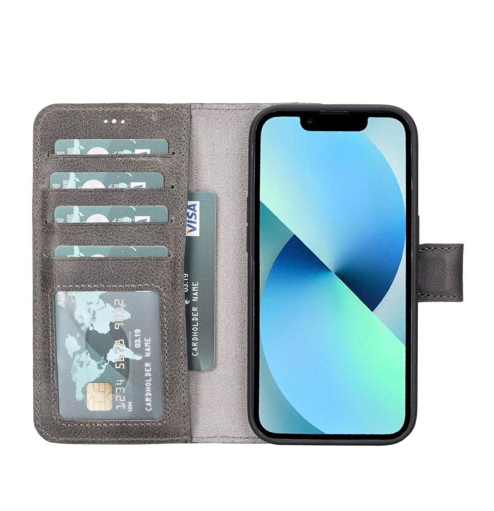 Cep Telefonu Aksesuarları Apple iPhone 14 Pro Uyumlu Deri Cüzdanlı Kılıf MWWN Rustik Gri Satın Al