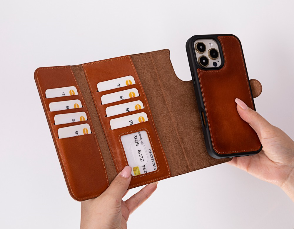 Cep Telefonu Aksesuarları Apple iPhone 16 Pro uyumlu, Hakiki Deri, El Yapımı, Cüzdanlı Kılıf, Gölgeli Taba Satın Al