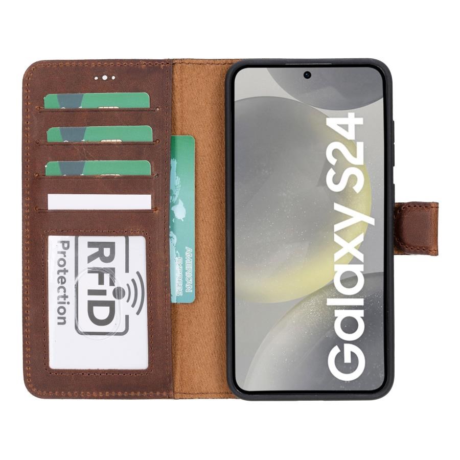 Cep Telefonu Aksesuarları Samsung Galaxy S24 Uyumlu, Deri Cüzdanlı Kılıf, Antik Kahve Satın Al