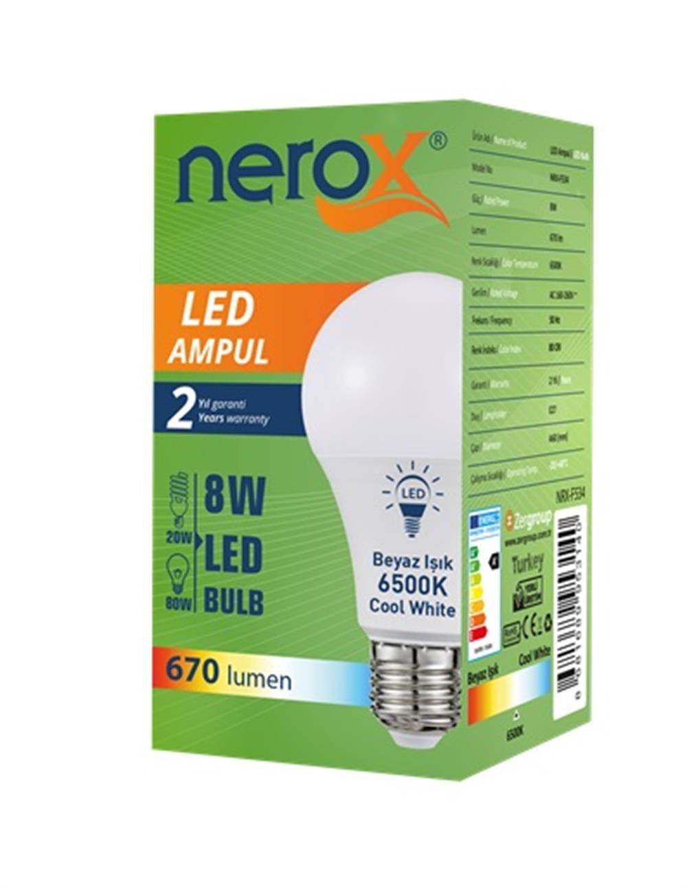Elektrik ve Aydınlatma Ürünleri Nerox Led Ampül A60 8W Beyaz E27 Satın Al