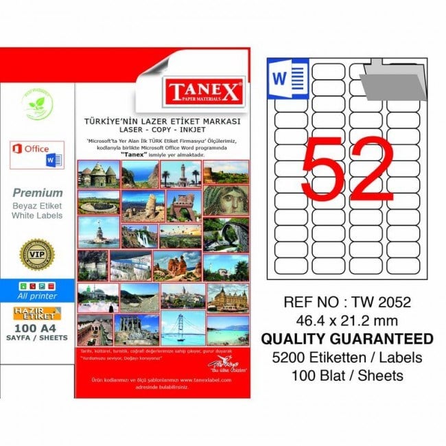 Etiketler Tanex Tw-2052 Beyaz Etiket 46.4 mm x 21.1 mm Satın Al