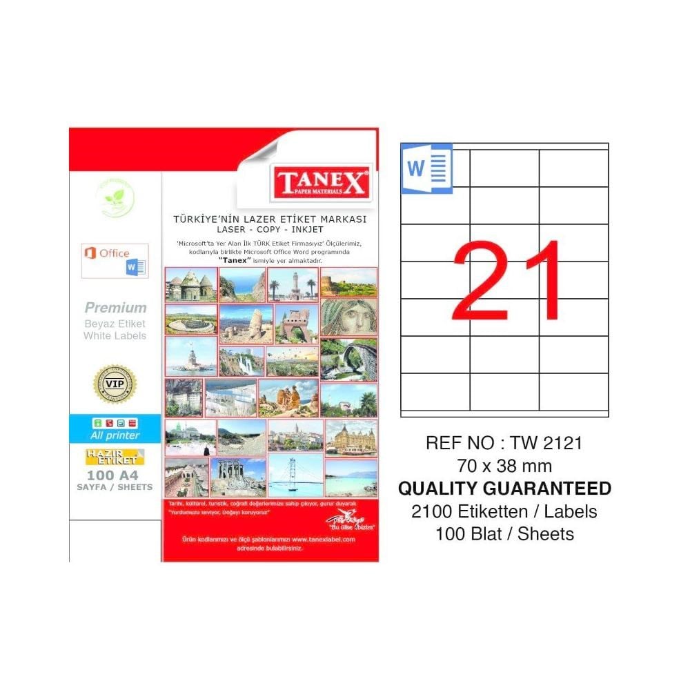 Etiketler Tanex Tw-2121 Beyaz Adresleme ve Postalama Etiketi 70 mm x 38 mm Satın Al