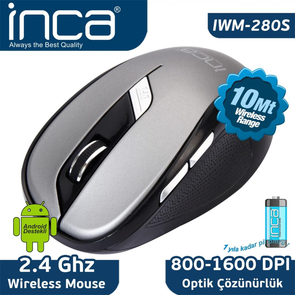 Inca IWM-280S 2.4GHz 1600 Dpi Inca- Track Red Sensör Wireless Nano Alıcılı Mouse- Gri