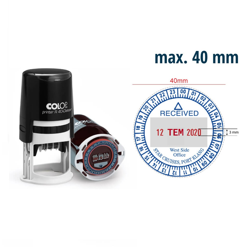 Istampa Kaşe ve Mürekkepleri COLOP R40 TARİH KAŞE(TR/24 SAAT) SİYAH KASA KIRMIZI KEÇE - 40MM Satın Al