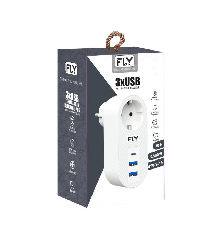 Kablolar ve Adaptörler FLY-3400-01 Akım Korumalı.1 li Priz 2-Usba 1-C Soket 2.1A 10A 2500W Satın Al