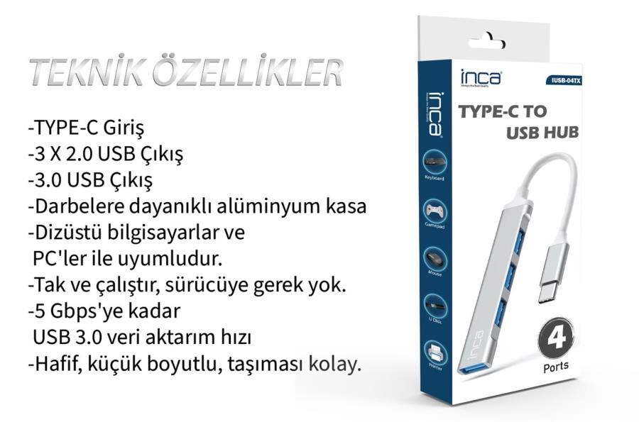 Kablolar ve Adaptörler Inca IUSB-04T Type-C Grişli 4Port Usb Hub 3X2.0 USB Çıkış 3.0 USB Çıkış 5 Gbps Satın Al
