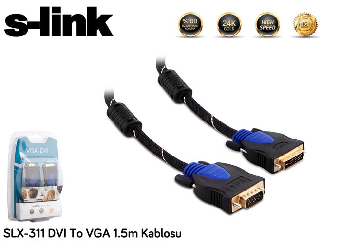 Kablolar ve Adaptörler S-link SLX-311 DVI To VGA 1.5m Kablosu Satın Al