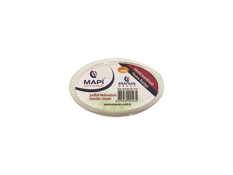 Kartvizitlikler MAPİ ŞEFFAF MIKNATISLI İSİMLİK (OVAL) 55X35 TEKLİ Satın Al