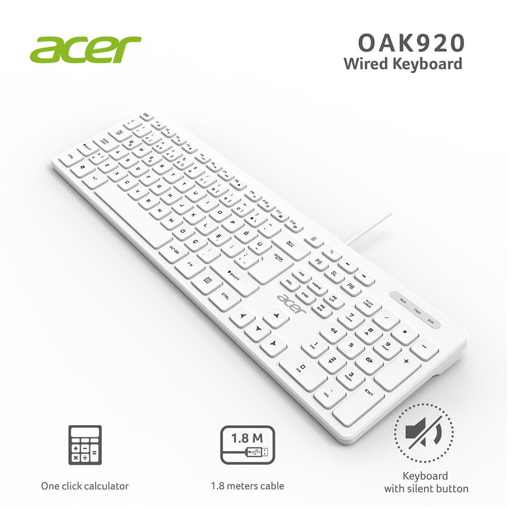 Klavyeler ve Setleri Acer OAK920 Q Usb Beyaz 1.8mt Kablolu Klavye-Tek Tuş Hesap Makinalı (Sessiz Tuş) Satın Al