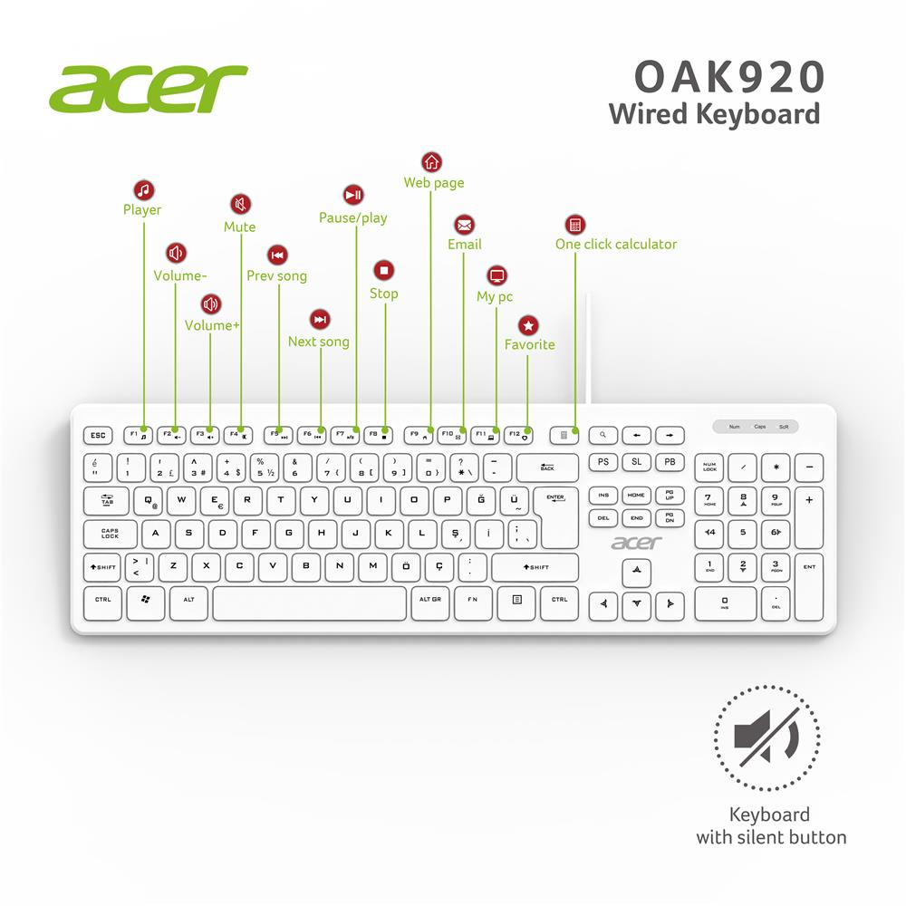 Klavyeler ve Setleri Acer OAK920 Q Usb Beyaz 1.8mt Kablolu Klavye-Tek Tuş Hesap Makinalı (Sessiz Tuş) Satın Al