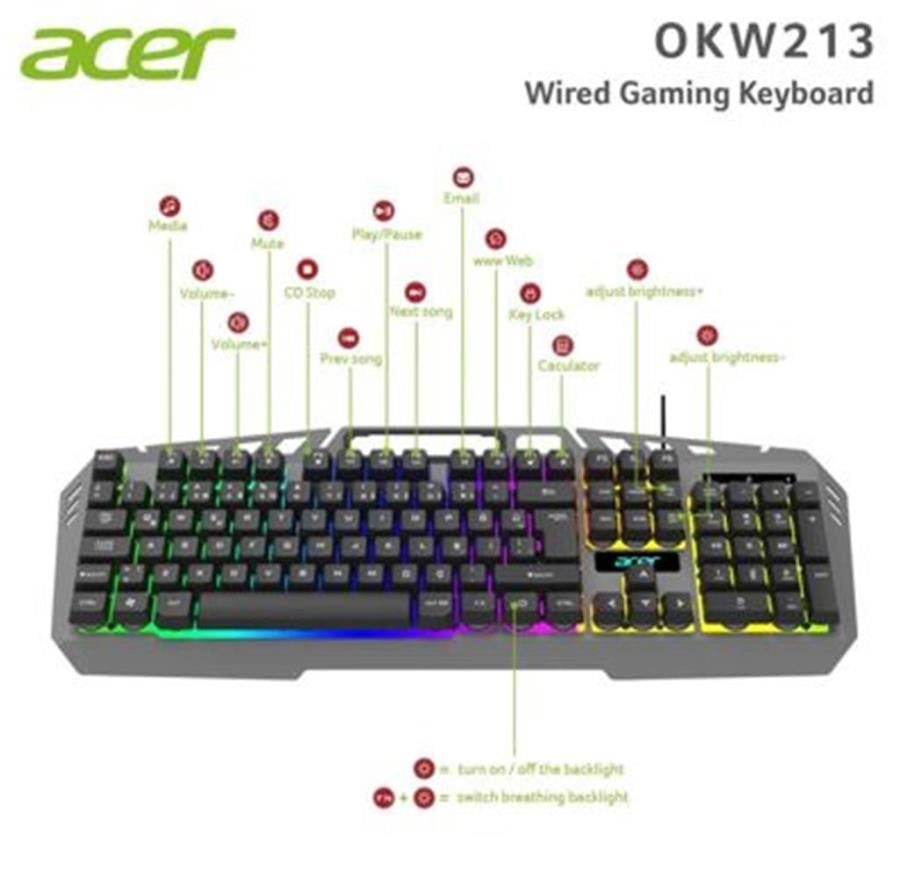 Klavyeler ve Setleri Acer OKW213 Gri RGB Rainbow Backlit Gaming Keyboard Rainbow (Kablo Uzunluğu 1,5mt) Satın Al