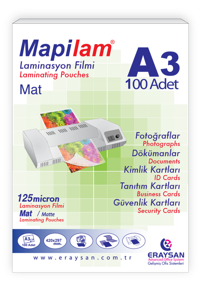 Laminasyon Filmleri MAPİLAM 125 MİCRON MAT LAMİNASYON FİLMİ (A3) 100 LÜ Satın Al