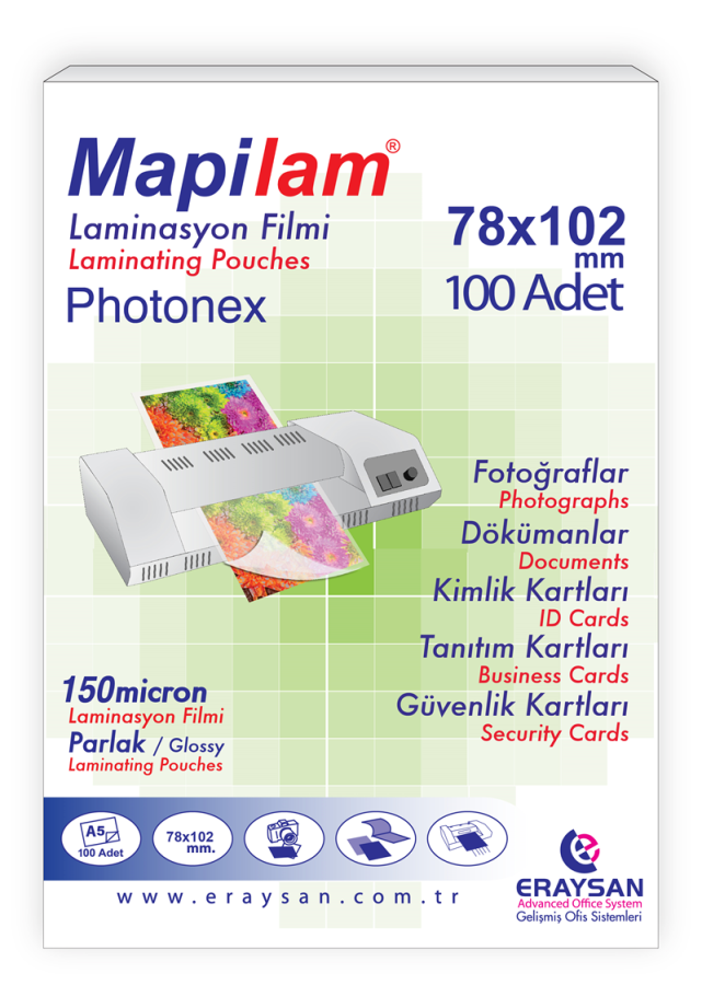 Laminasyon Filmleri MAPİLAM 150 MİCRON SICAK PHOTONEX LAMİNASYON FİLMİ (KÜÇÜK KİMLİK) (78X102) 100 LÜ Satın Al